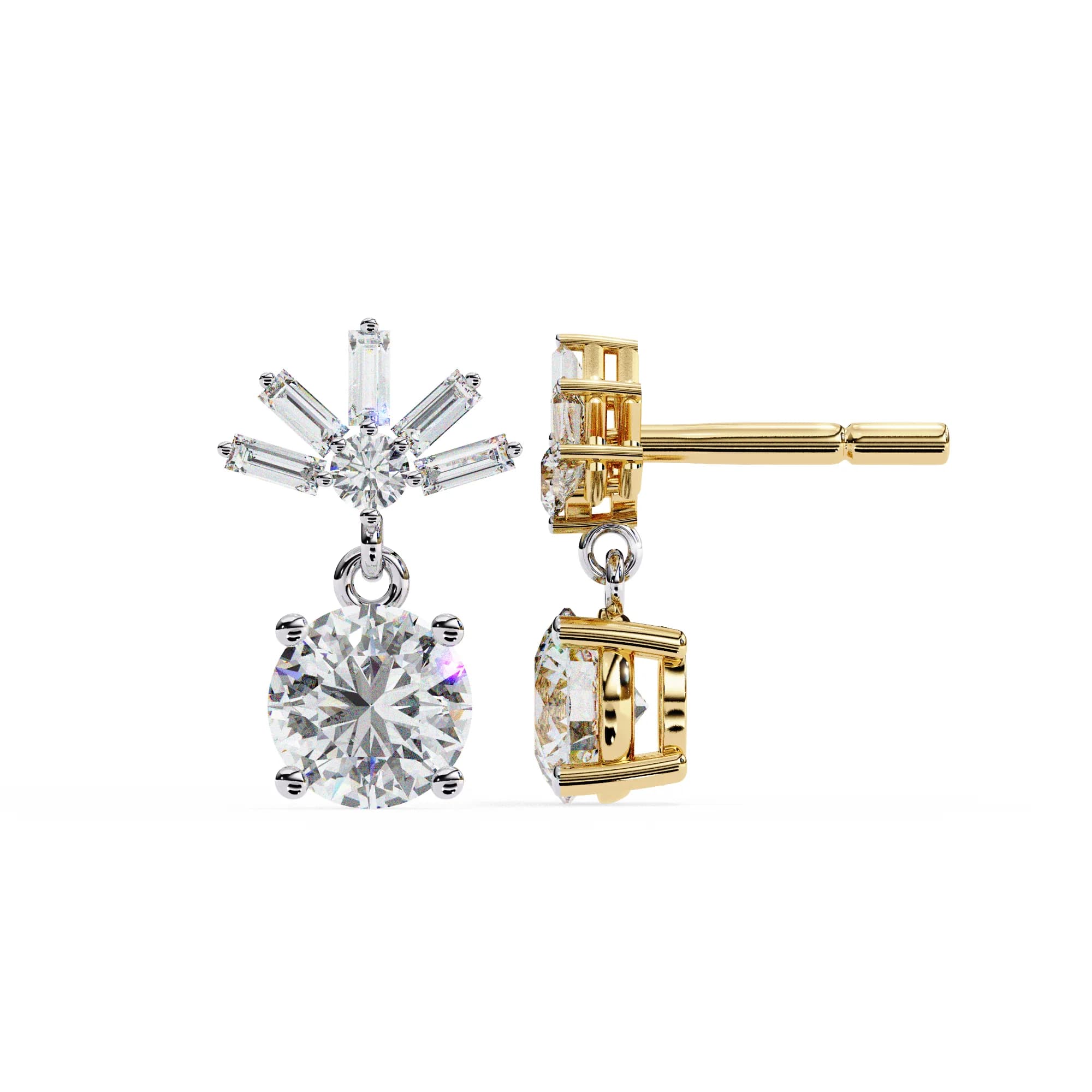 Round & Baguette Lab Grown Diamond Sunburst Drop Earrings 0.86 CT