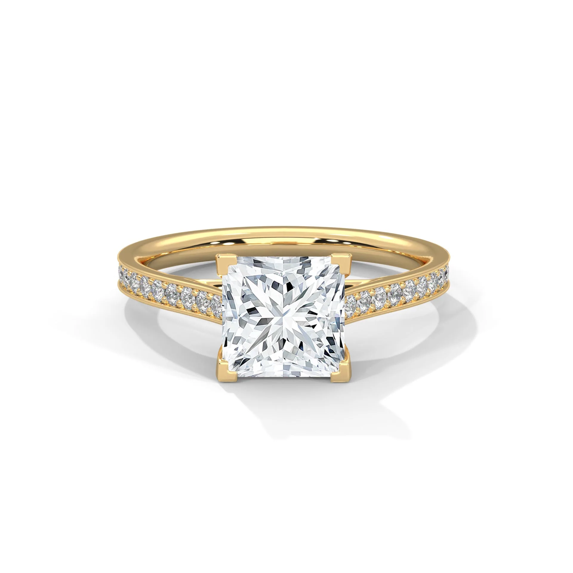 Princess Cut Diamond Solitaire Engagement Ring with Interlocking Cross-Prong Cathedral Pavé Shank