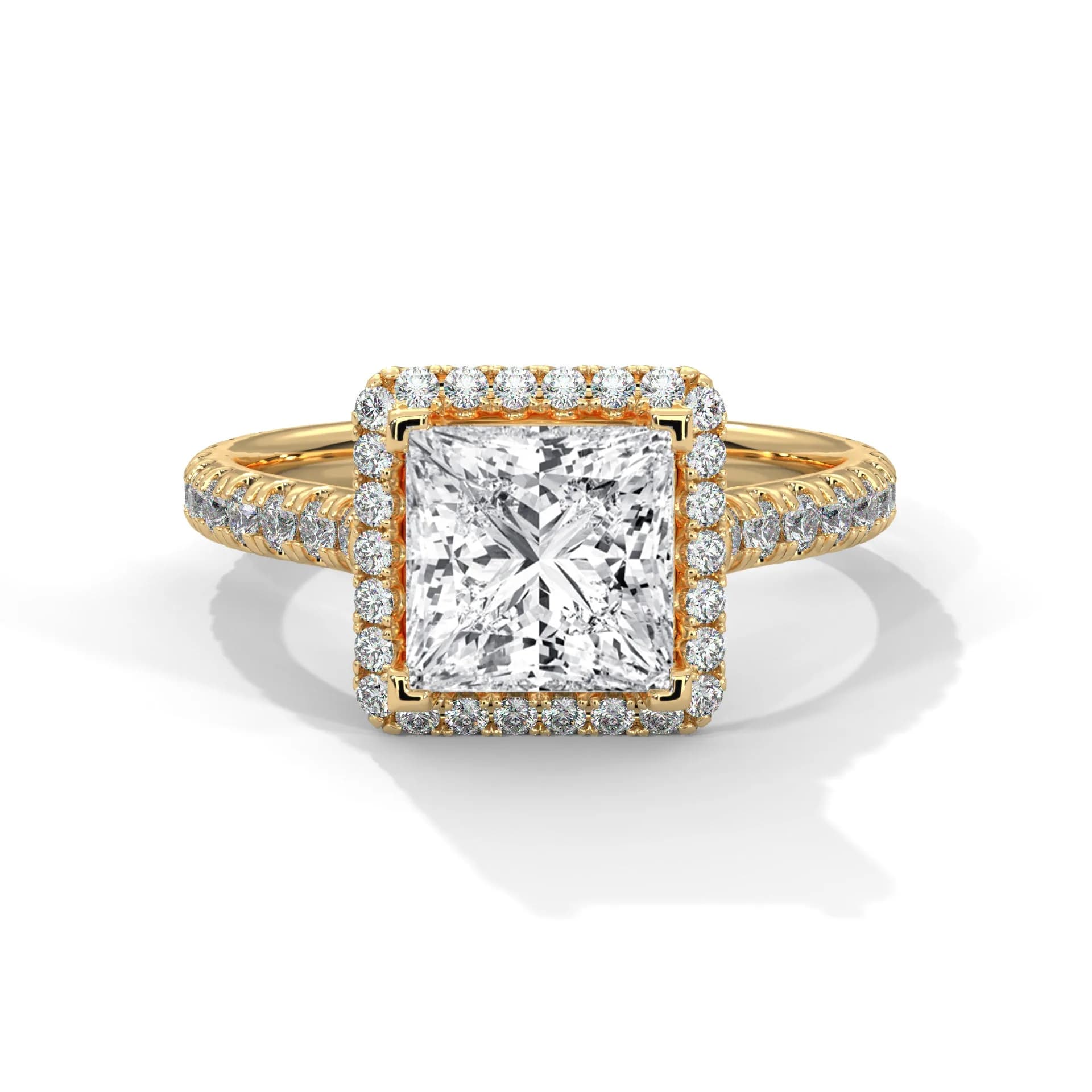 Princess Cut Diamond Halo Engagement Ring with Architectural Cathedral Shoulders and Pavé Shank