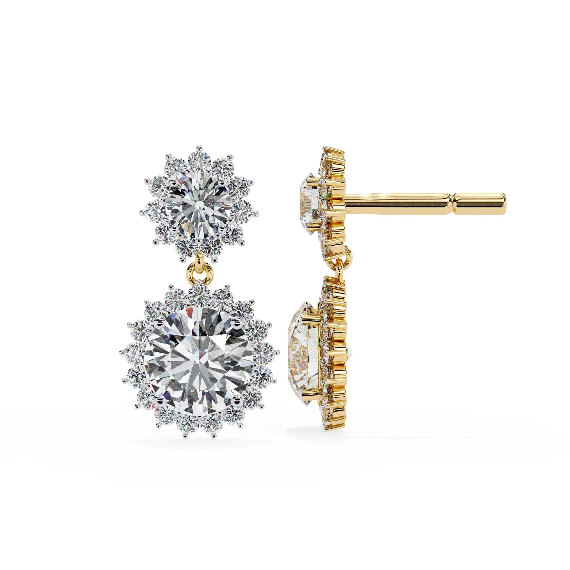 Round Lab Grown Diamond Double Floral Halo Drop Earrings 1.37 CT