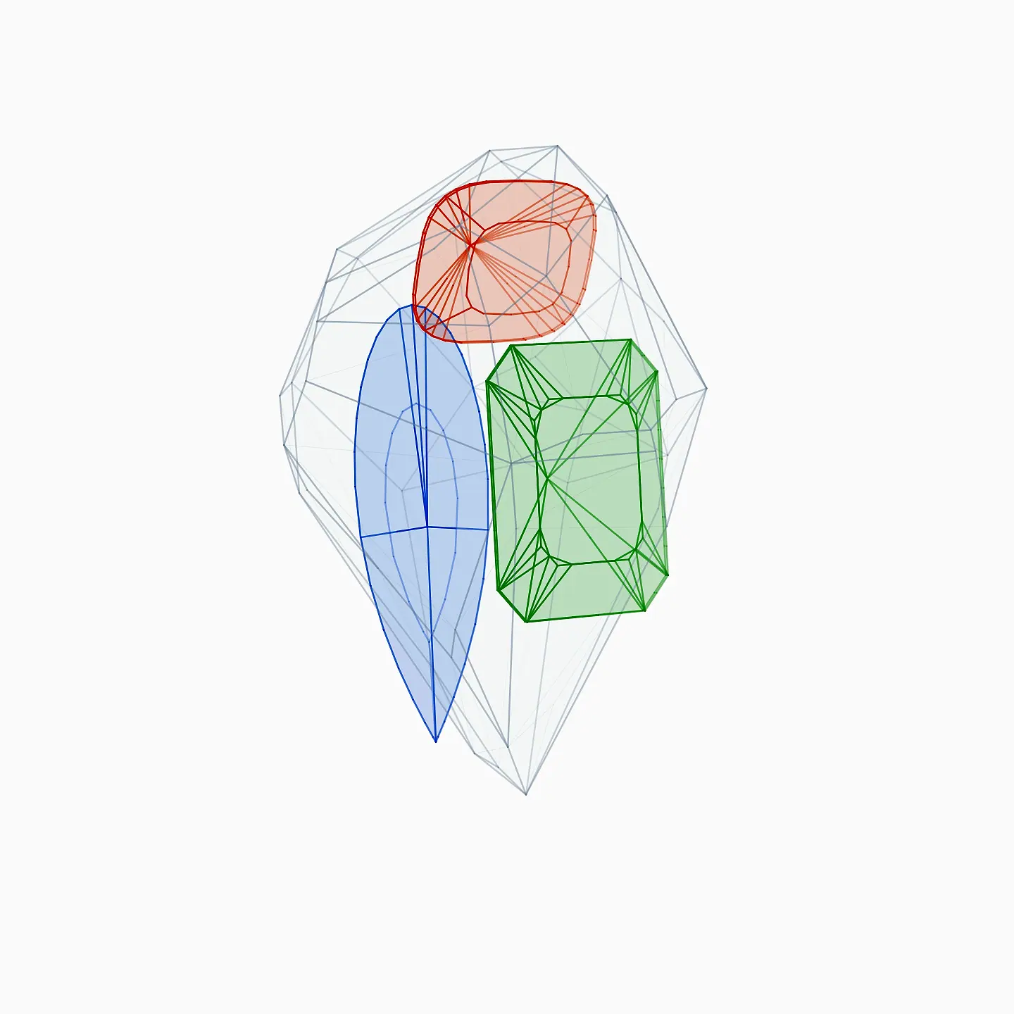 A scan of the rough crystal with three candidate stones mapped inside it in red, blue and green, showing the possible cuts being weighed against one another.