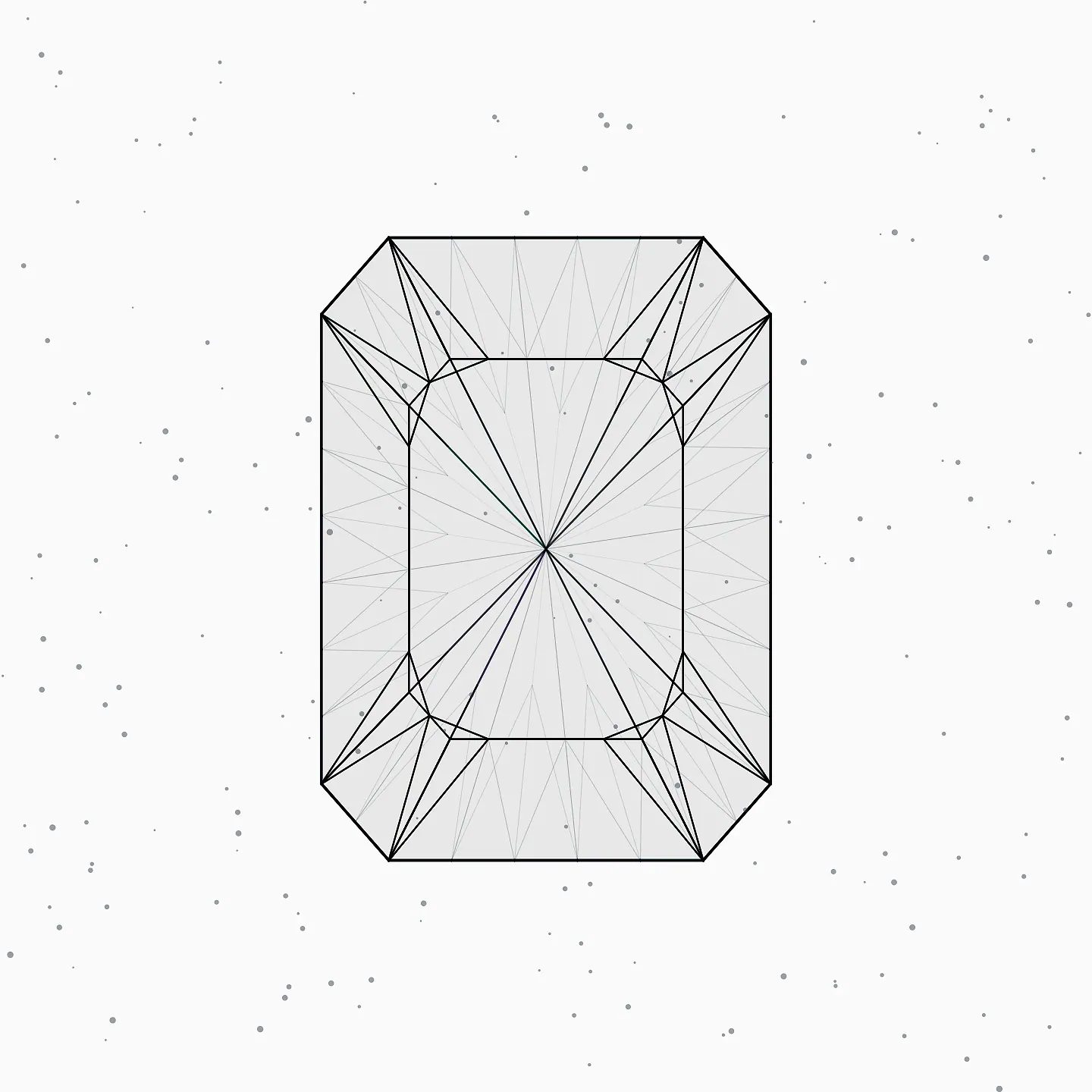 The fully faceted stone, face up, with a cloud of polishing dust suspended around it.