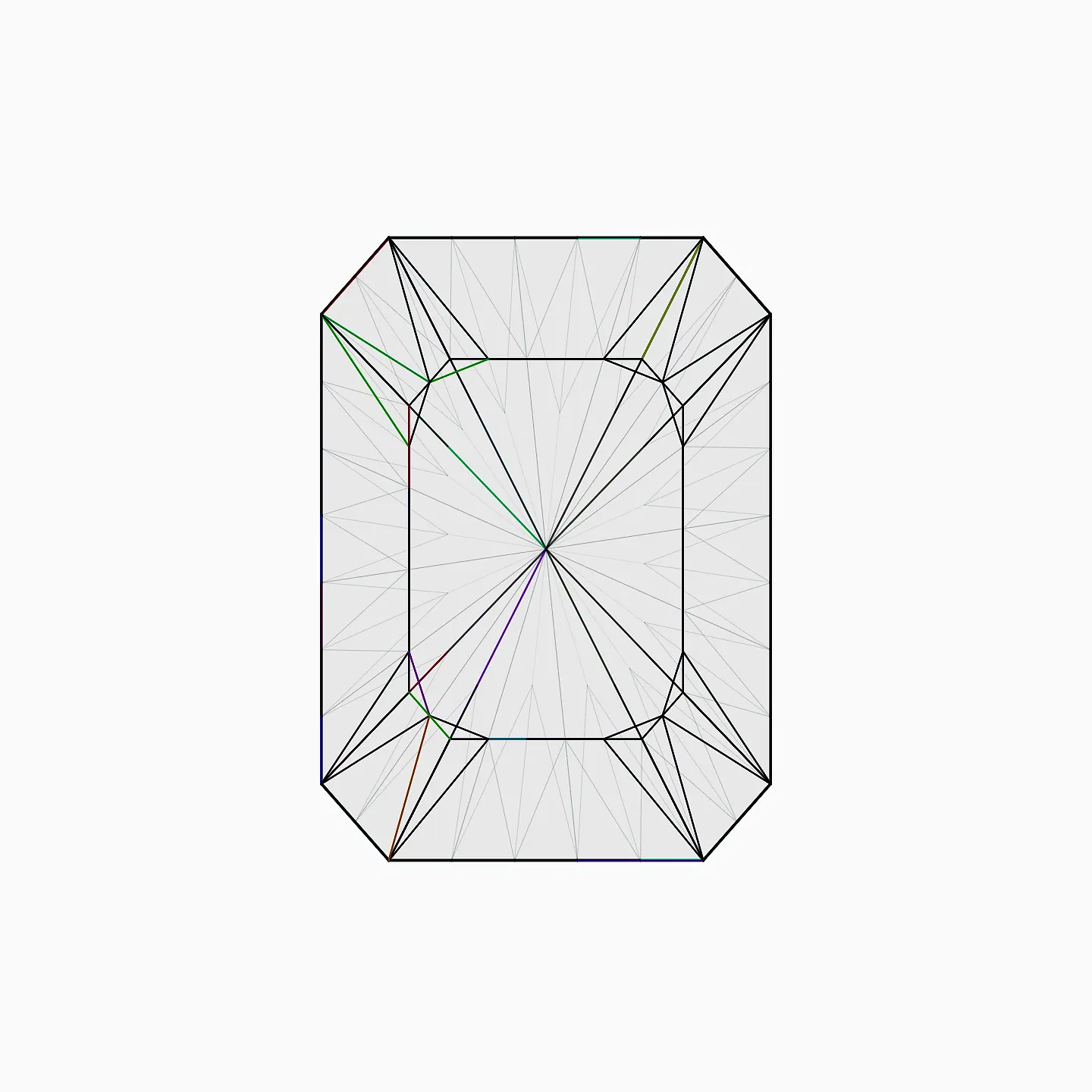 The finished radiant-cut diamond, face up, fully polished.